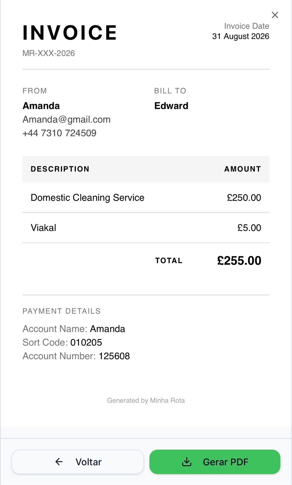 Tela de financeiro e invoices do Minha Rota