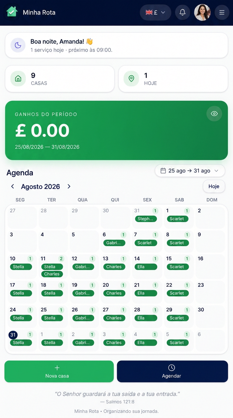 Tela de agenda e dashboard do Minha Rota